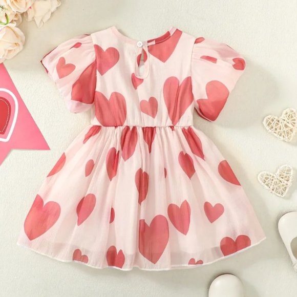Pink and Blue Hearts Gathered Short Sleeve Play Date Dress Stretch Knit
